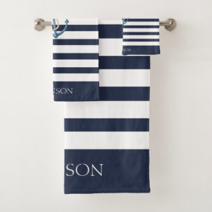 Name der Nautic Navy Blue & White Stripes Badhandtuch Set