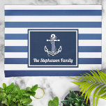 Name der Nautische Streifen Personalisiert Geschirrtuch<br><div class="desc">Fun navy blauen Streifen nautische Thema Design mit Ihrem Familiennamen personalisiert.</div>