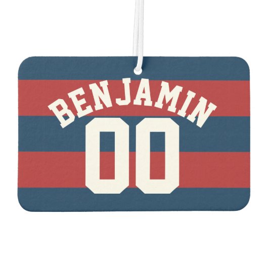 Name der Navy Blue und Red Rugby Stripes Autolufterfrischer (Rückseite)