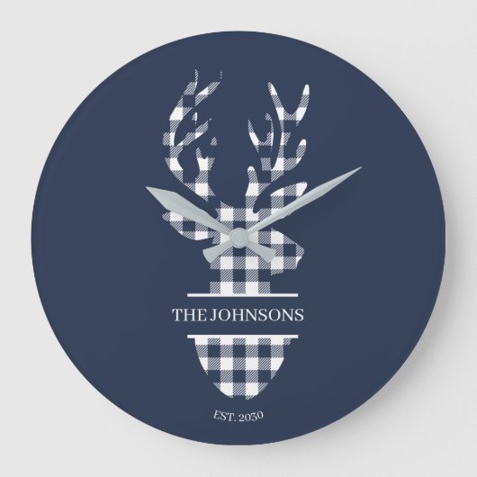 Name der Navy Blue & White Kariert Hirsche Familie Große Wanduhr (Vorderseite)