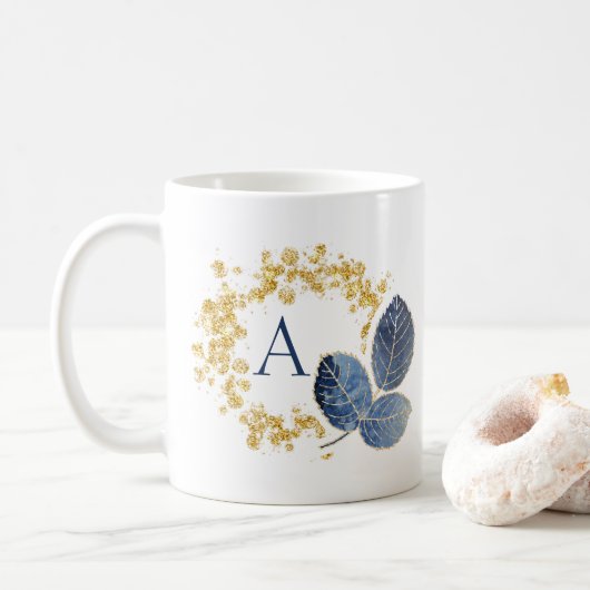 Name der niedlichen Girl-Gold-Sparkle & Blue-Leaf- Kaffeetasse (Mit Donut)