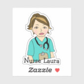 Name der personalisierten Brünetten Krankenschwest Aufkleber (Blatt)