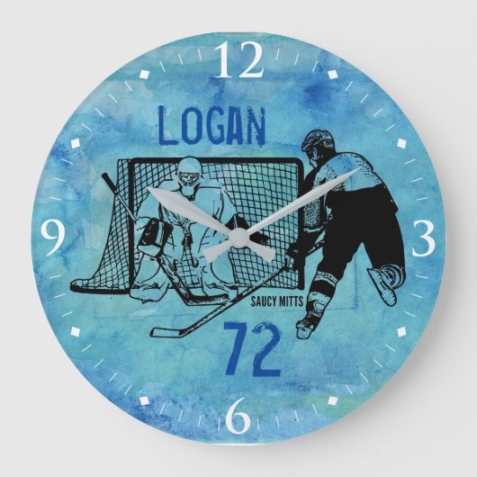 Name der personalisierten Hockey-Tinte auf blau Große Wanduhr (Vorderseite)