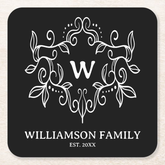 Name der rustikalen Monogram-Familie Schwarz/Weiß Rechteckiger Pappuntersetzer (Vorderseite)