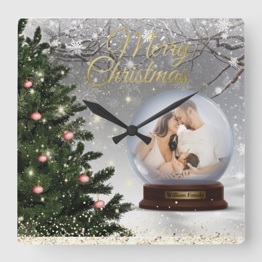 Name der Schneeball-Monogram-Familie Quadratische Wanduhr (Vorderseite)