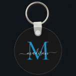 Name der Schwarz-Blau-Monogrammkarte Elegantes mod Schlüsselanhänger<br><div class="desc">Simple Black Ocean Blue Monogram Eleganter Moderner Script Schlüsselanhänger</div>