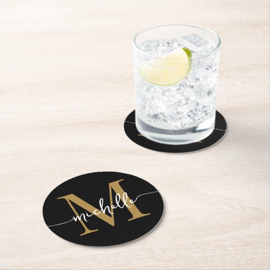 Name der Schwarz-Gold-Monogramm-Schrift Runder Pappuntersetzer (Vor Ort)