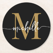 Name der Schwarz-Gold-Monogramm-Schrift Runder Pappuntersetzer (Vorderseite)