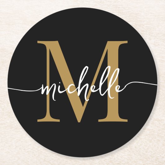Name der Schwarz-Gold-Monogramm-Schrift Runder Pappuntersetzer (Vorderseite)