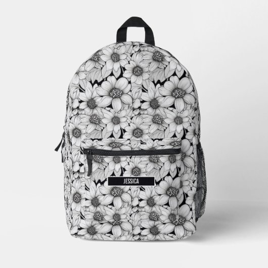 Name der Schwarz-weißen Blume florale Monogramm Bedruckter Rucksack (Vorderseite)