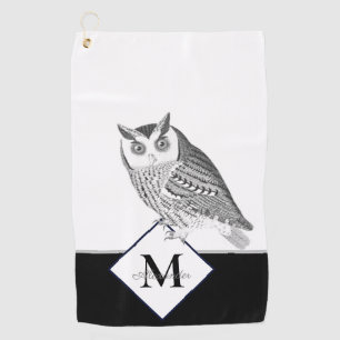 Name der Schwarz-weißen grauen Eule-Monogramm Golfhandtuch
