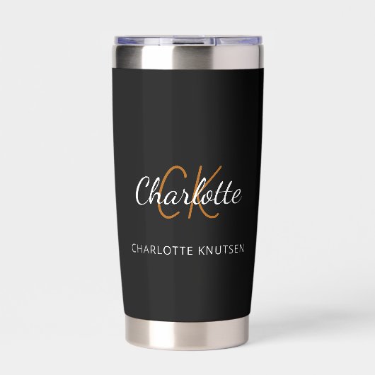Name der Schwarz-weißen Monogramm-Initialen Thermobecher (Vorderseite)