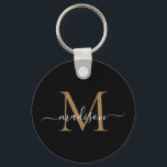 Name der Schwarzen Gold Monogram Elegante Modernes Schlüsselanhänger<br><div class="desc">Einfache Black Gold Monogram Eleganter Moderner Script Schlüsselanhänger</div>