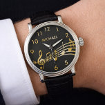 Name der schwarzen goldenen Musiknoten Armbanduhr<br><div class="desc">Einfach und elegant für Musikliebhaber oder Musiker! Schwarzer Hintergrund mit Imitaten goldenen Musiknoten. Vorlage für Ihren Namen,  goldene Buchstaben. Goldene Uhrennummern.</div>