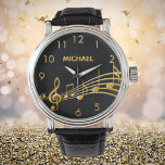 Name der schwarzen goldenen Musiknoten Armbanduhr<br><div class="desc">Einfach und elegant für Musikliebhaber oder Musiker! Schwarzer Hintergrund mit Imitaten goldenen Musiknoten. Vorlage für Ihren Namen,  goldene Buchstaben. Goldene Uhrennummern.</div>
