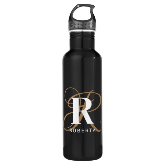 Name der Schwarzen-Script-Monogramm-Zeitschrift Edelstahlflasche (Vorderseite)