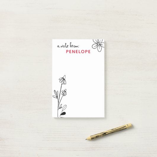 Name der schwarzen und weißen blauen Flora Post-it Klebezettel (Auf Schreibtisch)