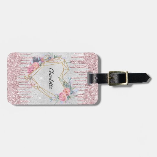 Name der silberrosa Blume Monogramm Gepäckanhänger (Vorderseite horizontal)