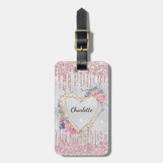 Name der silberrosa Blume Monogramm Gepäckanhänger (Vorderseite vertikal)