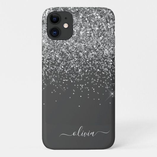 Name der Silver Gray Girly Glitzer Sparkle Monogra Case-Mate iPhone Hülle (Rückseite)