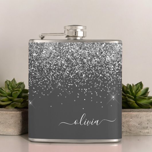 Name der Silver Gray Girly Glitzer Sparkle Monogra Flachmann