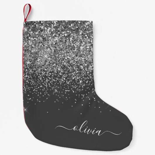 Name der Silver Gray Girly Glitzer Sparkle Monogra Kleiner Weihnachtsstrumpf (Vorderseite)