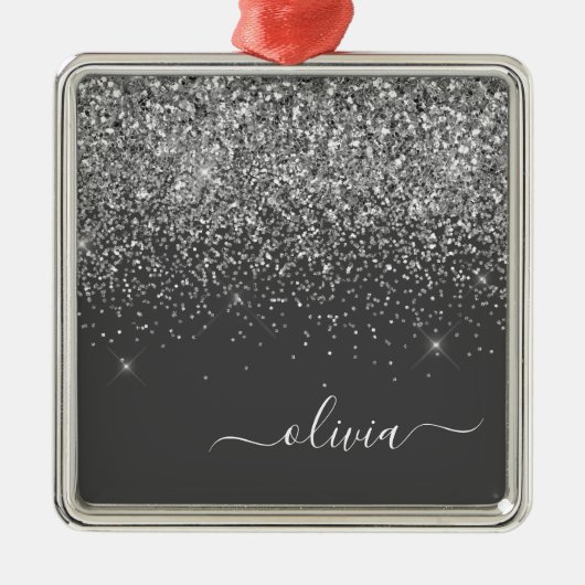 Name der Silver Gray Girly Glitzer Sparkle Monogra Ornament Aus Metall (Vorne)