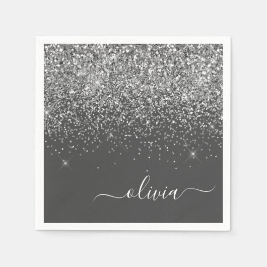 Name der Silver Gray Girly Glitzer Sparkle Monogra Serviette (Vorderseite)