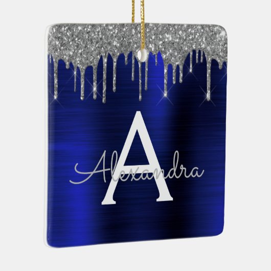 Name der Silver Navy Blue Glitzer Monogram Keramikornament (Rechts)