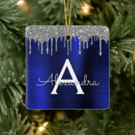 Name der Silver Navy Blue Glitzer Monogram Keramikornament