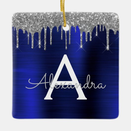 Name der Silver Navy Blue Glitzer Monogram Keramikornament (Vorderseite)