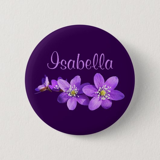 Name der violetten Hepatica-Blüten Button (Vorderseite)