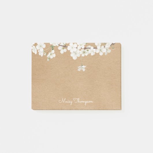 Name der weißen Blossom Floral Rustic Kraft Monogr Post-it Klebezettel (Vorderseite)