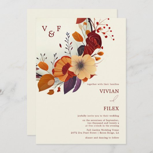 Name der Wildblume Initiale Hochzeit im Herbst Einladung (Vorne/Hinten)