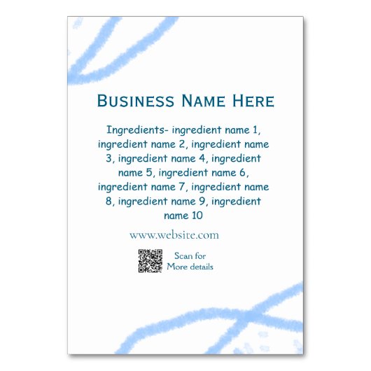 Name der Zutaten Name Firmenname Website QR-Code h Tischnummer (Vorderseite)