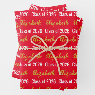 Name des Absolventen der Klasse 2026 Rot Schwarz W Geschenkpapier Set
