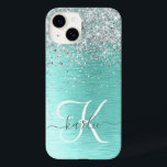 Name des aquamarin gebürsteten Metalls Silber Glit Case-Mate iPhone 14 Hülle<br><div class="desc">Dieses schicke Gehäuse mit hübschem silberfarbenem Glitzer auf aquamarinem,  gebürstetem metallischem Hintergrund ist einfach zu personalisieren.</div>