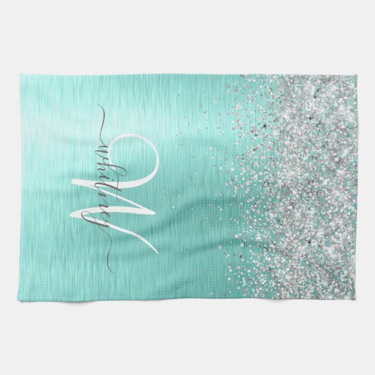 Name des aquamarin gebürsteten Metalls Silber Glit Geschirrtuch (Horizontal)