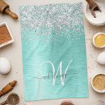 Name des aquamarin gebürsteten Metalls Silber Glit Geschirrtuch<br><div class="desc">Dieses schicke Küchentücher-Design mit hübsch silber glänzenden Glitzer auf aquamarinem,  gebürstetem metallischem Hintergrund ist einfach zu personalisieren.</div>