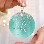 Name des aquamarin gebürsteten Metalls Silber Glit Keramik Ornament<br><div class="desc">Dieses trendige und schicke Ornament-Design mit hübschem silberfarbenem Glitzer auf aquamarinem,  gebürstetem metallischem Hintergrund ist einfach zu personalisieren.</div>