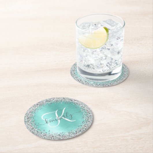 Name des aquamarin gebürsteten Metalls Silber Glit Runder Pappuntersetzer (Vor Ort)