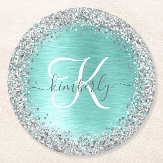 Name des aquamarin gebürsteten Metalls Silber Glit Runder Pappuntersetzer (Vorderseite)