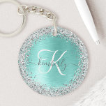Name des aquamarin gebürsteten Metalls Silber Glit Schlüsselanhänger<br><div class="desc">Dieses schicke Design mit hübsch silber funkelnden Imitaten Glitzer auf aquamarin gebürstetem metallischem Hintergrund ist einfach zu personalisieren.</div>