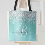 Name des aquamarin gebürsteten Metalls Silber Glit Tasche<br><div class="desc">Dieses trendige,  schicke Tote-Taschendesign mit hübschem silberfarbenem Glitzer auf aquamarinem,  gebürstetem metallischem Hintergrund ist einfach zu personalisieren.</div>