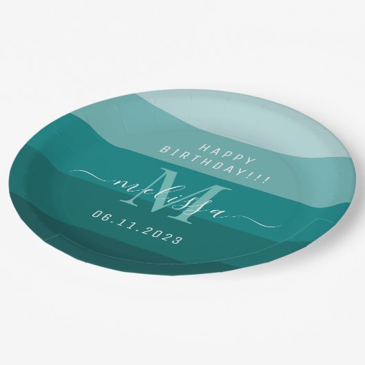 Name des aquamarinen grünen Blauen Farbblocks Pappteller (Schrägansicht)