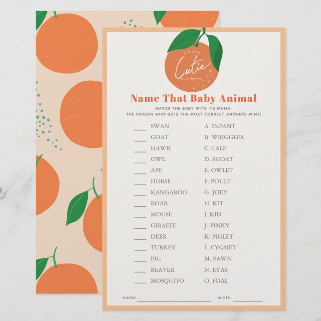 Name des Baby Animal Orange Baby Shower Game (Vorne/Hinten)