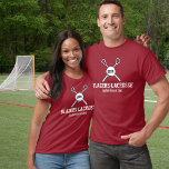Name des benutzerdefinierten Lacrosse Stick- und B T-Shirt<br><div class="desc">Zeigen Sie Ihrem Team Stolz mit diesem personalisierten Lacrosse Design, das mit kreierten Lacrosse Sticks und einem Ball ausgestattet ist. Fügen Sie benutzerdefinierten Text - Teamname, Spielername - und eine Jersey-Nummer oder ein Jahr hinzu. Ein perfektes Ende der Saison Team, Spieler oder Coach Geschenk. Ändern Sie den Hintergrund oder die...</div>