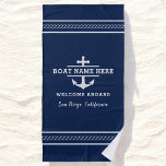 Name des benutzerdefinierten Schiffes Willkommen i Strandtuch<br><div class="desc">Lassen Sie sich von unserem eigenen nautischen Badetuch mit Anker- und Bootsnamen verzaubern.</div>