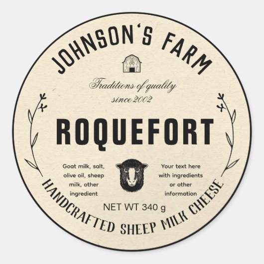 Name des Betriebs | Kranz | Schafmilchkäse | VINTA Runder Aufkleber (Vorderseite)