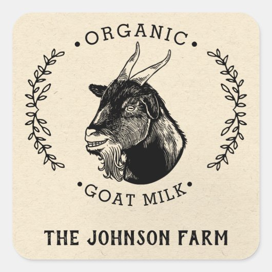 Name des Betriebs | Kranz | Ziegenkäse | VINTAG Quadratischer Aufkleber (Vorderseite)